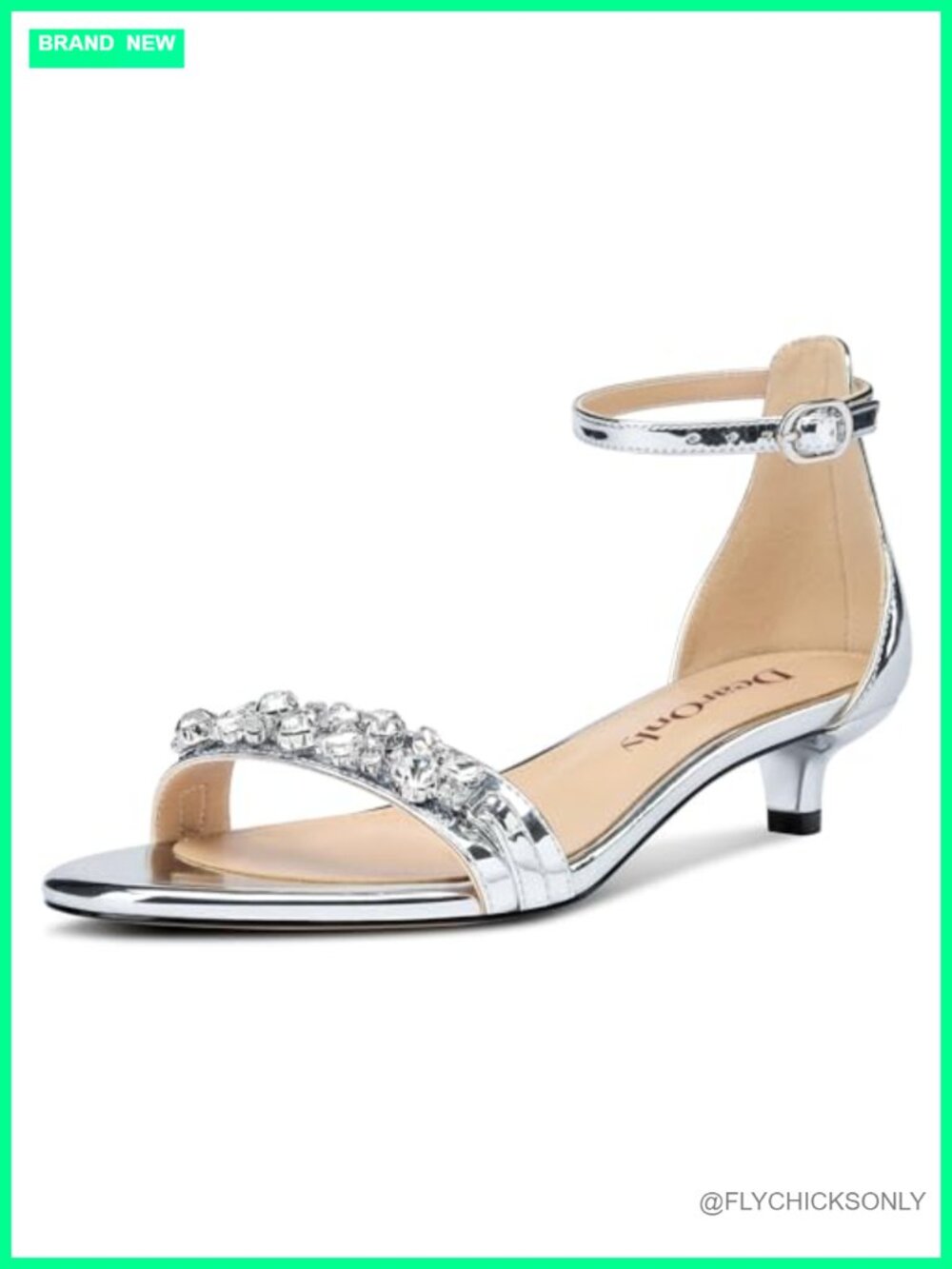 Low Kitten Heel Peep Toe Ankle Strap Sandals Rhinestone Crystal Buckle